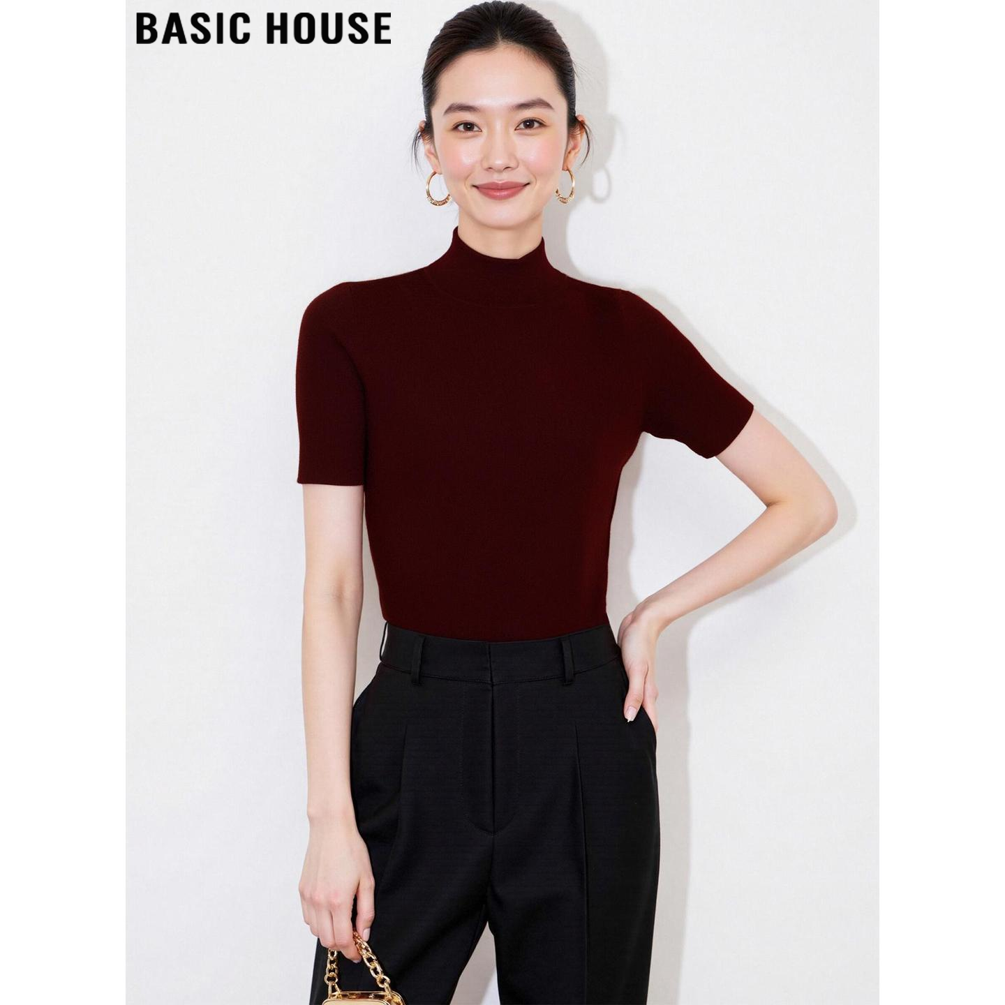 Basic House/百家好酒红色半高领五分袖针织衫2026夏季修身打底衫