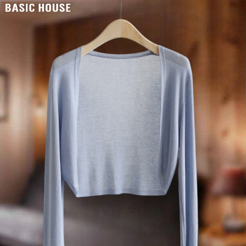 Basic House/百家好蓝色薄款100%天丝针织开衫女夏季冰丝防晒罩衫
