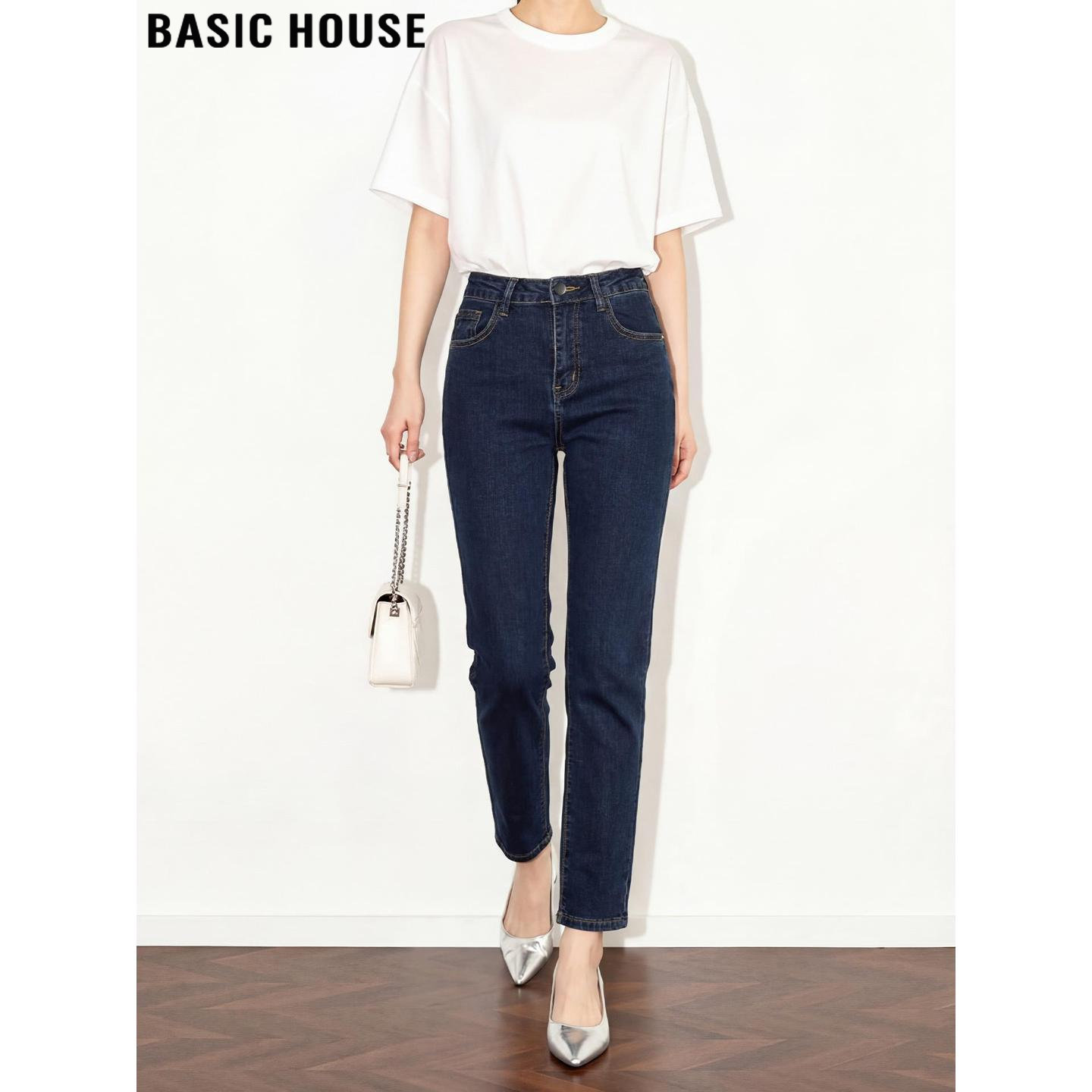 Basic House/百家好蓝色九分窄版小脚牛仔裤女夏季高腰直筒烟管裤