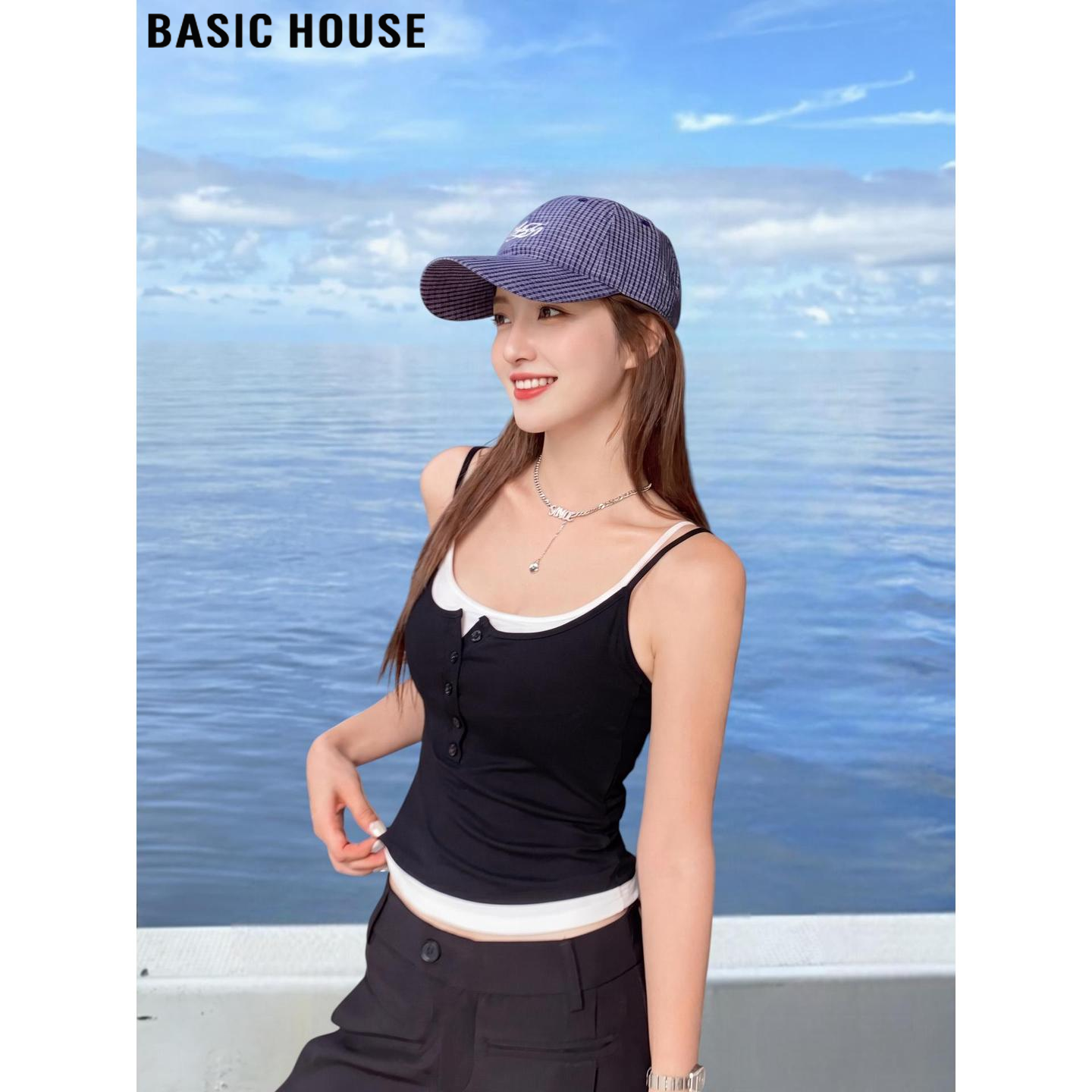 Basic House/百家好黑色假两件外穿吊带背心女夏季带胸垫美背上衣