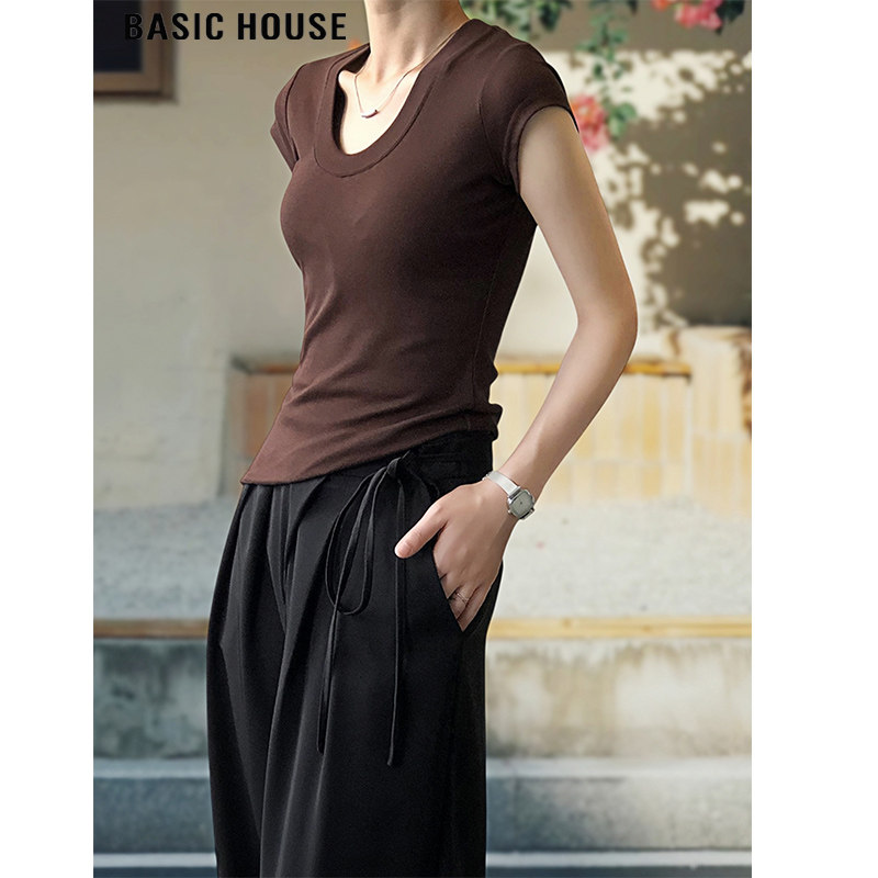 Basic House/百家好美式甜辣U领短袖T恤女夏季螺纹修身正肩体恤衫