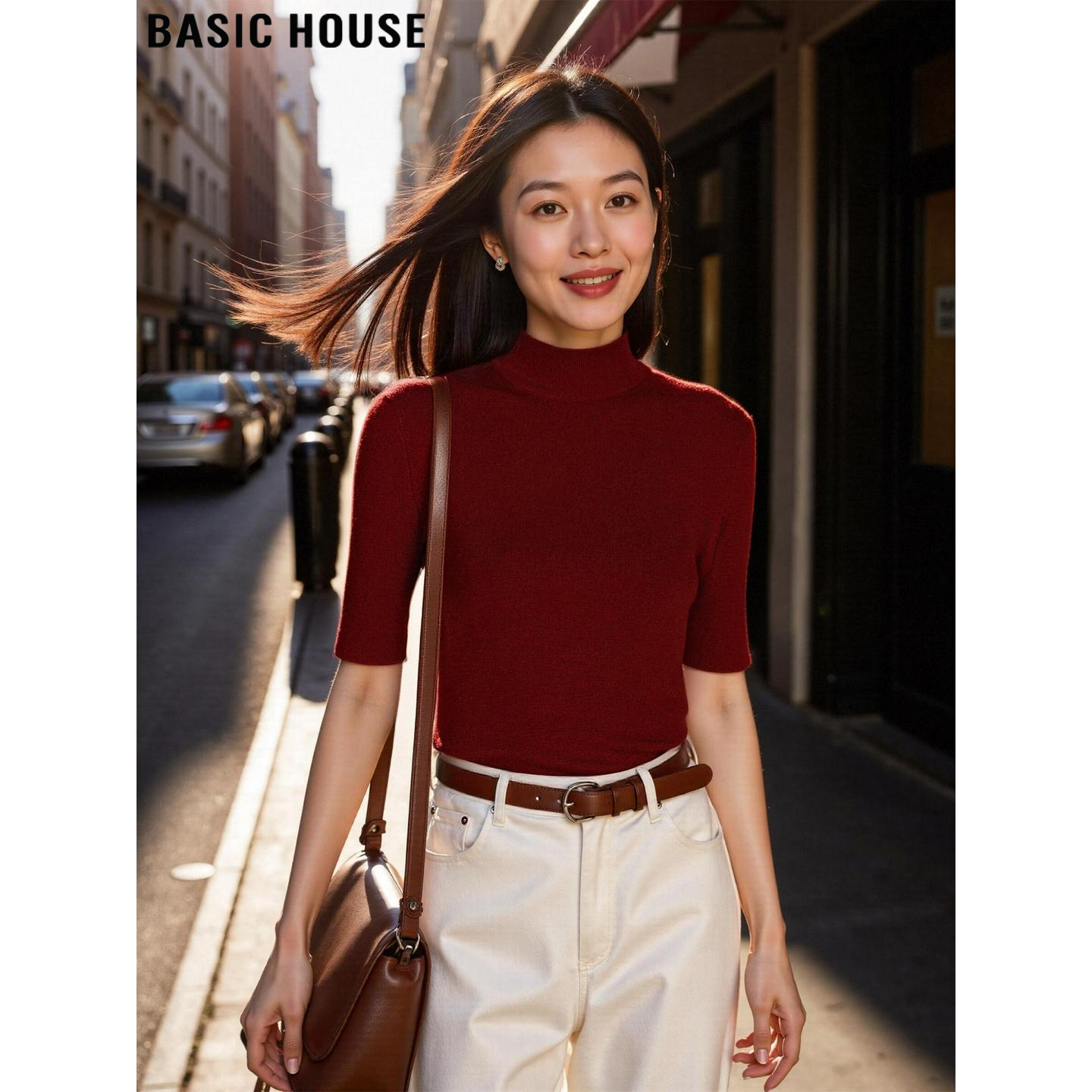 Basic House/百家好酒红色半高领中袖针织衫女2026夏季五分袖上衣