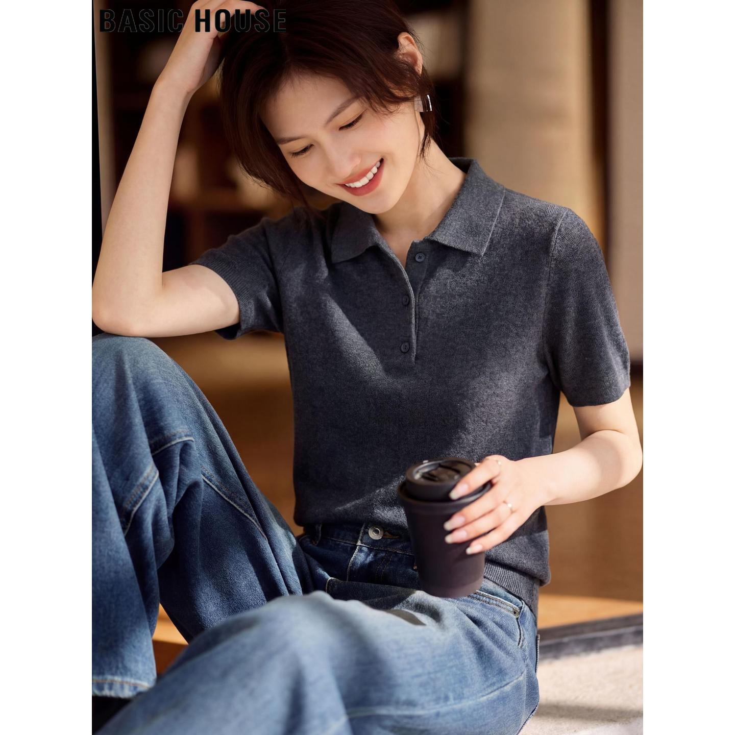 Basic House/百家好灰色polo领针织短袖T恤女夏季含羊毛体恤上衣