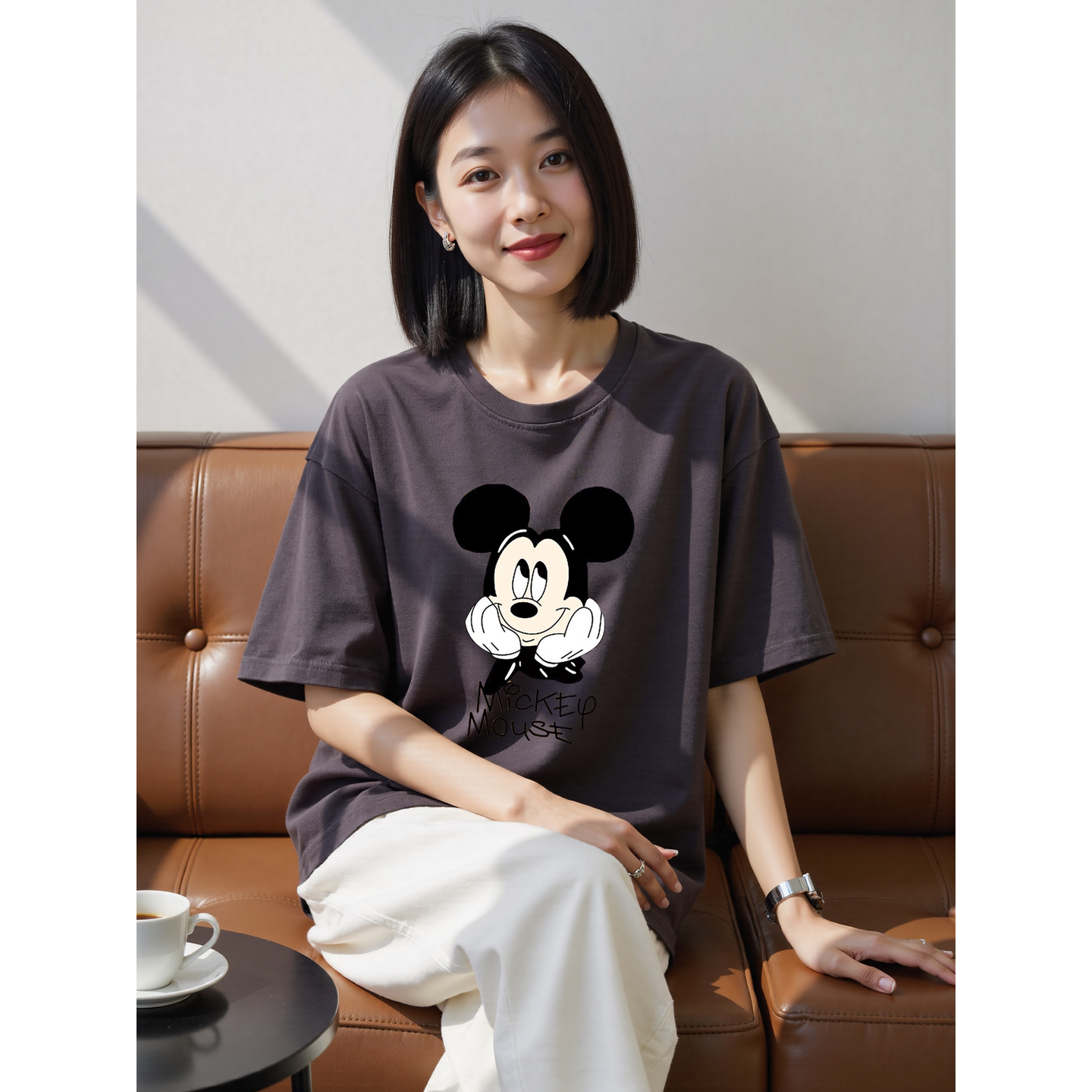 Basic House/百家好兔子印花纯棉短袖T恤女夏季宽松大码圆领上衣
