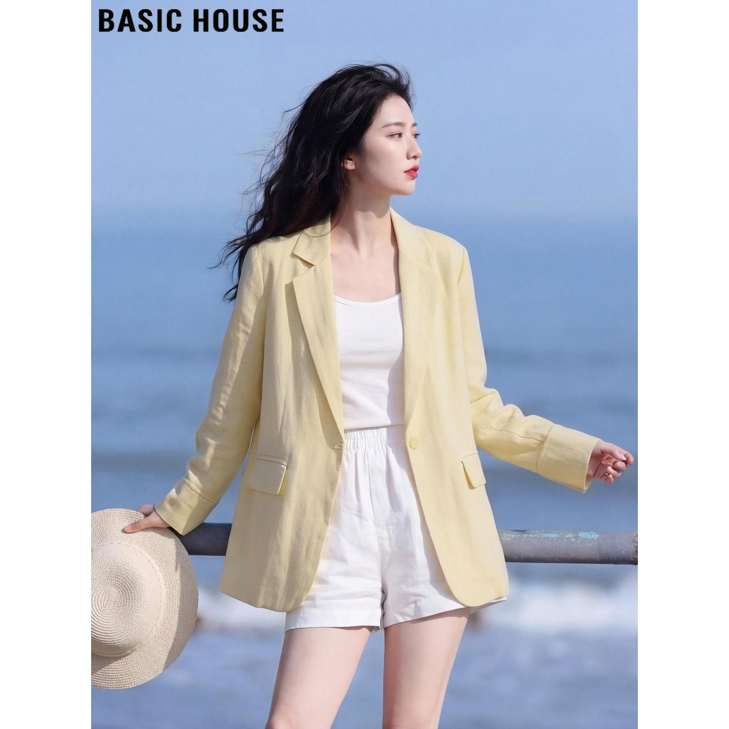 Basic House/百家好通勤黄色含亚麻西装外套女春季超好看气质上衣