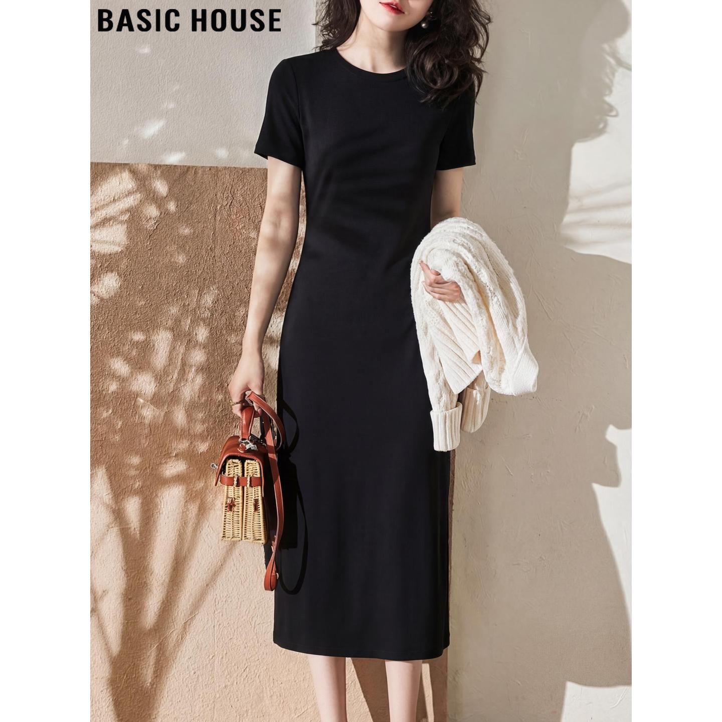 Basic House/百家好黑色薄款莫代尔短袖连衣裙女夏掐腰包臀T恤裙