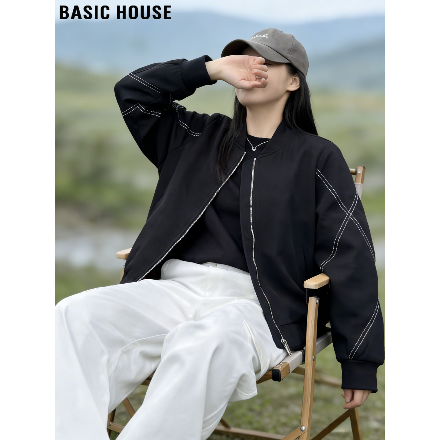 Basic House/百家好黑色明线棒球服外套女2026春季通勤飞行员夹克