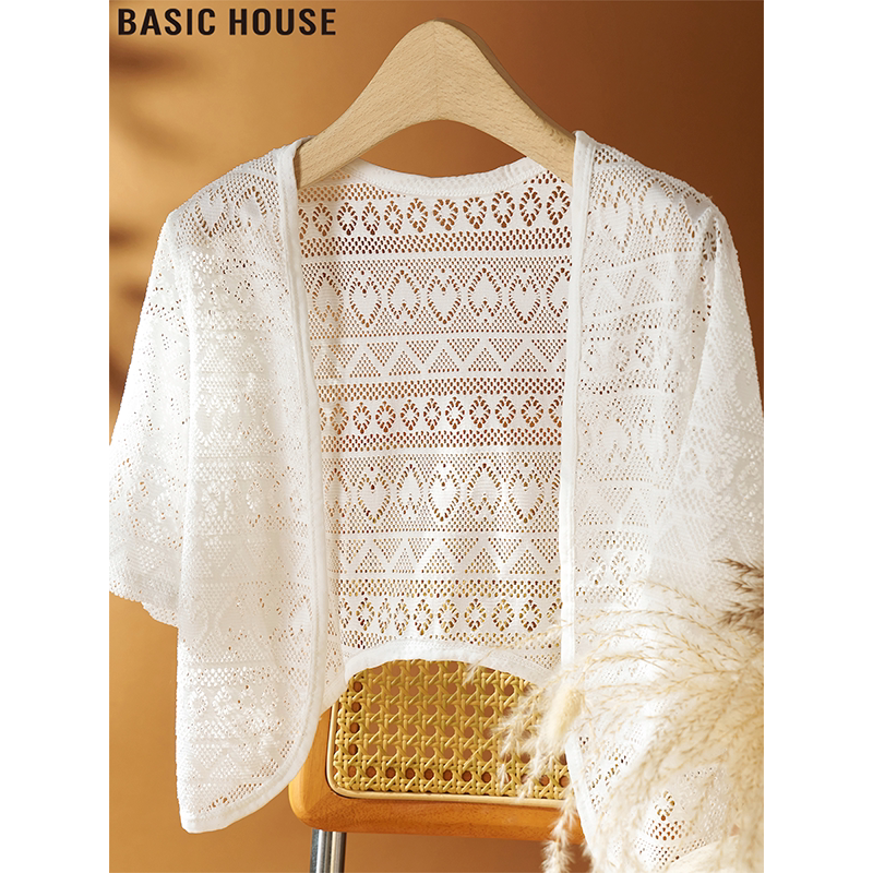 Basic House/百家好白色薄款镂空短袖针织开衫女夏季短款披肩上衣