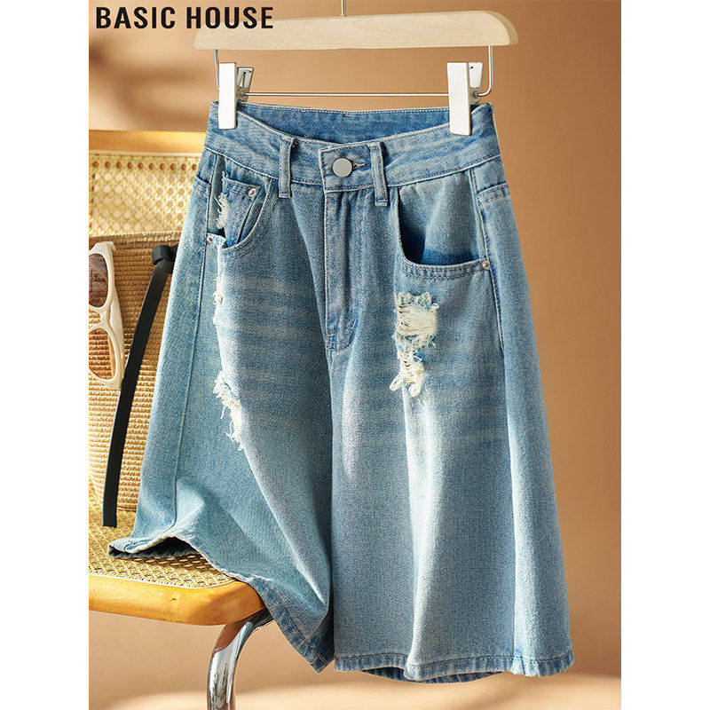 Basic House/百家好蓝色破洞直筒牛仔短裤女夏季高腰显瘦五分裤子