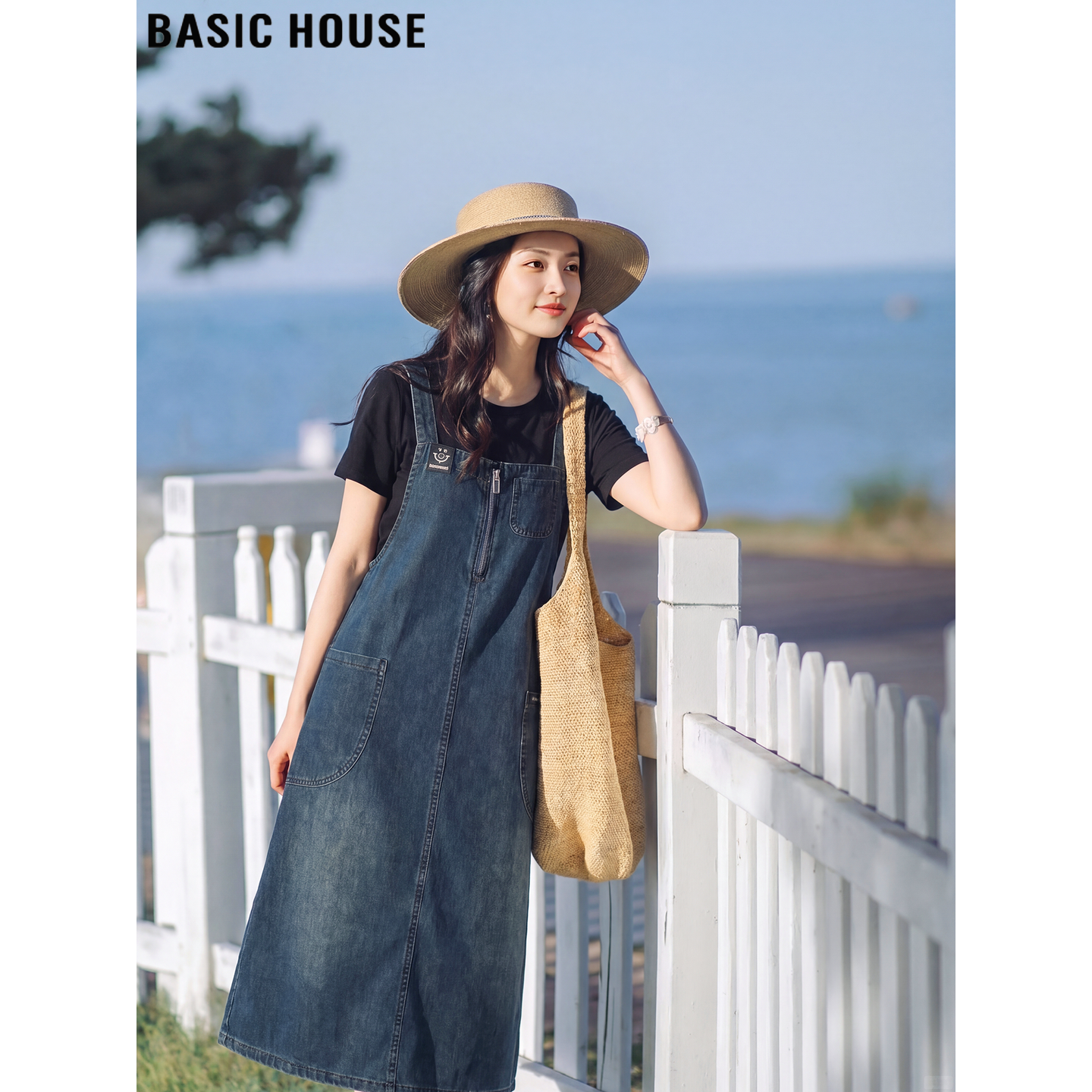 Basic House/百家好黑色假两件牛仔连衣裙女2026夏季不撞款背带裙