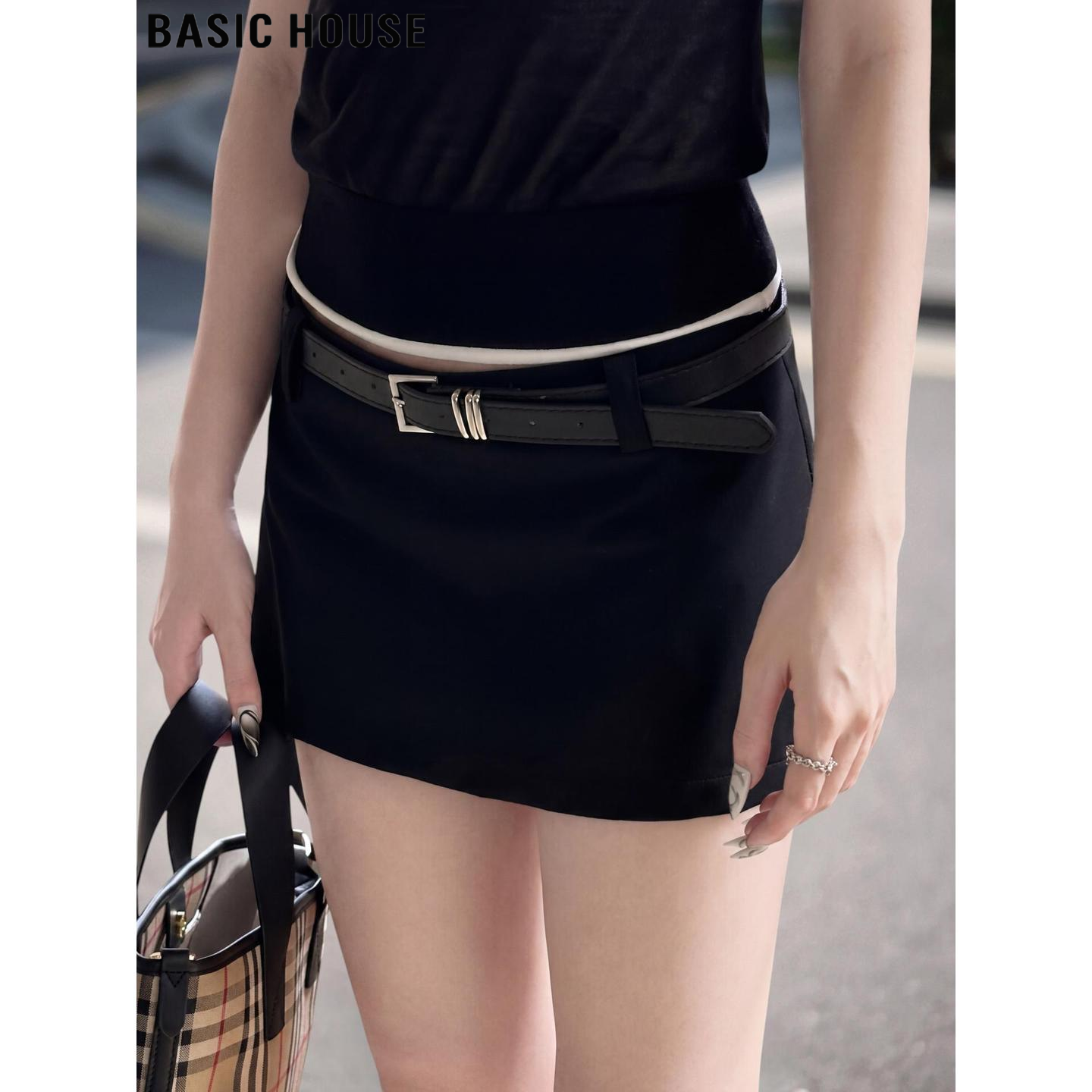 Basic House/百家好黑色防走光A字半身短裙女夏季高腰窄版西装裙
