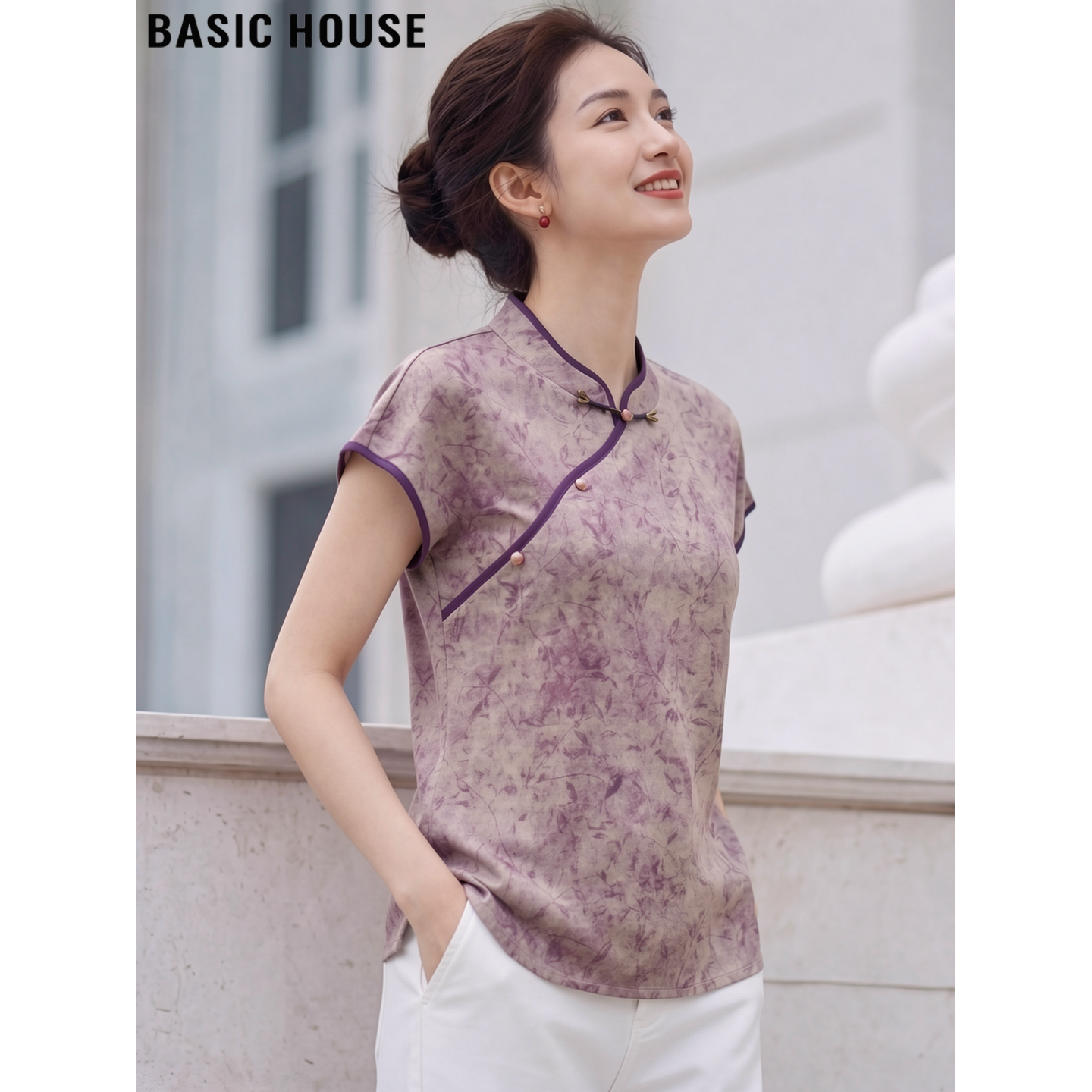 Basic House/百家好新中式紫色印花短袖衬衫女夏季超好看国风上衣