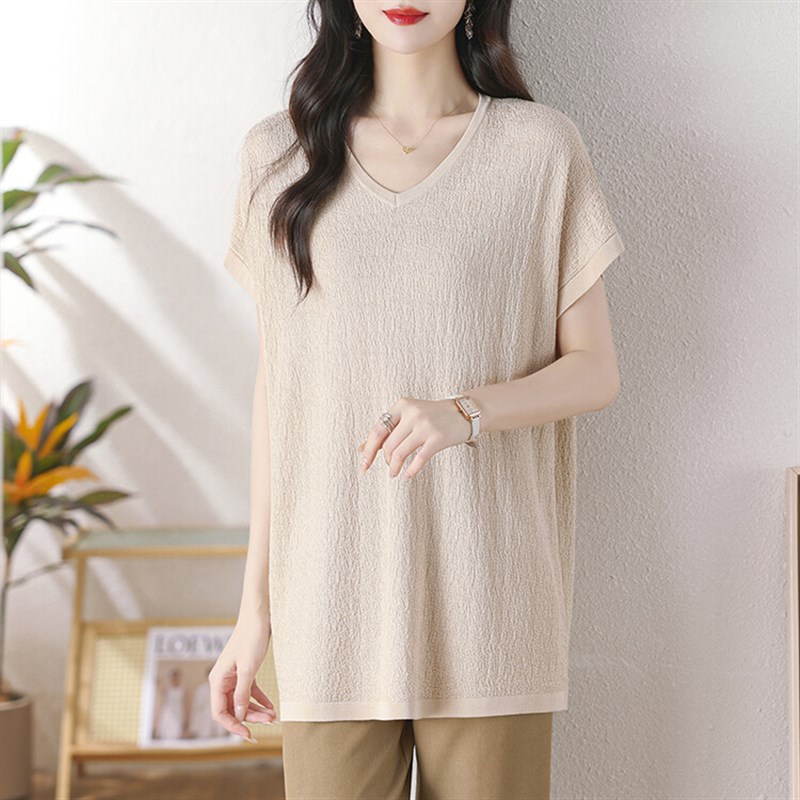 胖mm夏季特大码冰丝短袖女中长款宽松200斤V领薄针织T恤