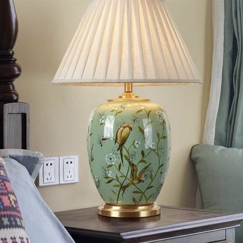 美式简约大号客厅角几台灯别墅新中式书房卧室床头灯花鸟陶瓷全铜,家居饰品,桌面摆件,淘宝优惠券,粉丝福利购,淘宝优惠卷