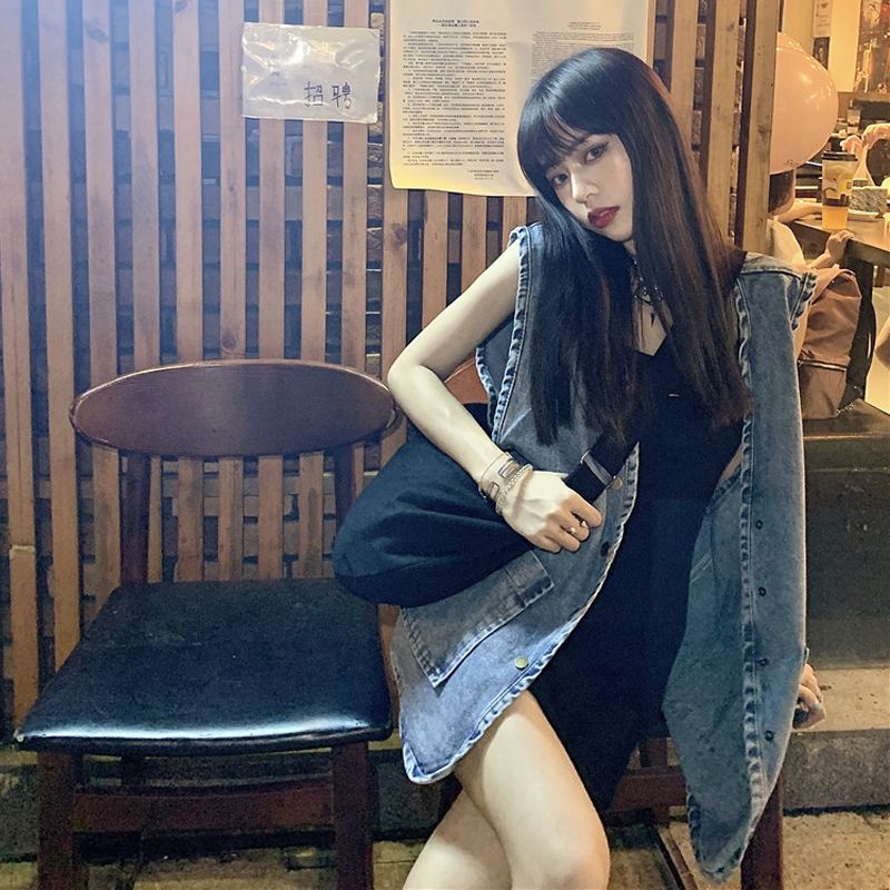 无袖牛仔马甲女夏季工q装复古宽松坎肩上衣中长款外穿马夹薄外套