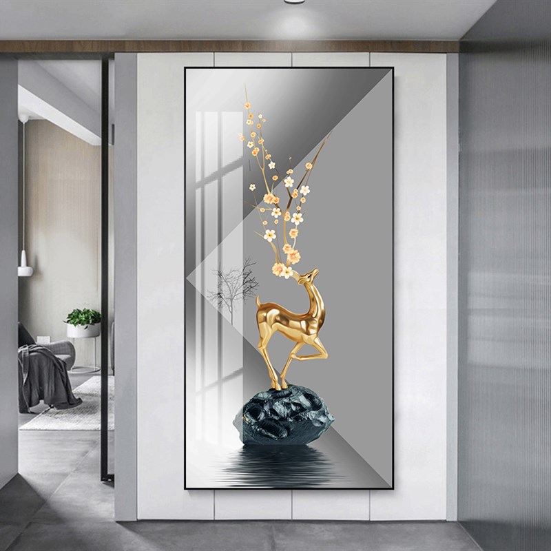 入户鹿轻奢玄关装饰画现代大气简约背景墙画走廊挂画竖版过道壁画