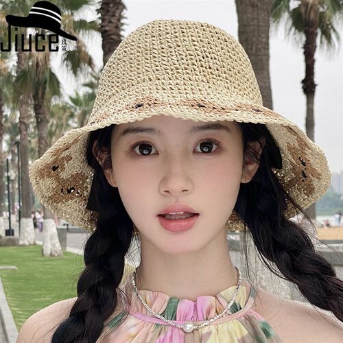 手工草帽女小清新花朵宽檐手钩遮阳草编帽子夏季日系小清新沙滩帽