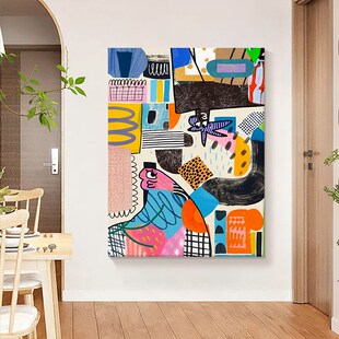 高级感卡通涂鸦客厅装 饰画抽象彩色图案手绘油画小众艺术玄关挂画