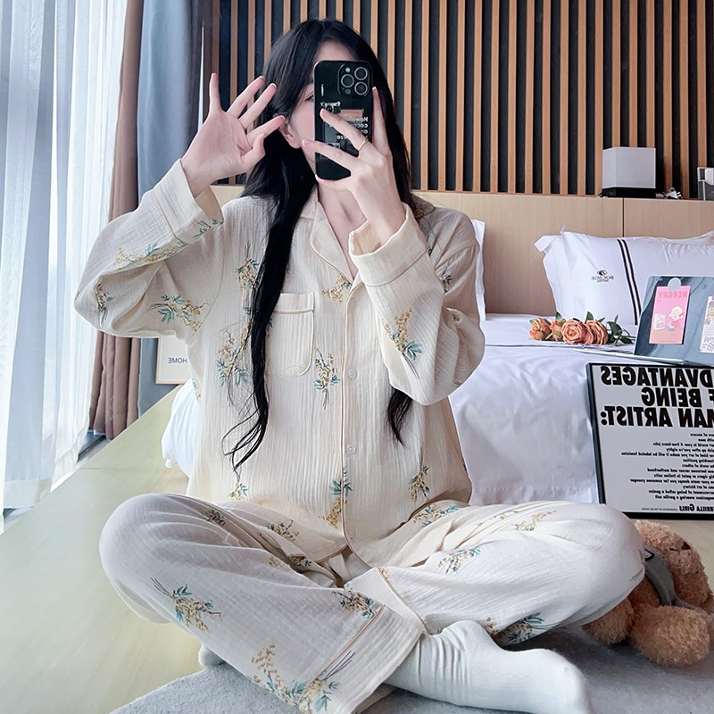 纯棉纱布睡衣女春秋国风全棉婴儿棉麻休闲长袖长裤夏季家居服套装