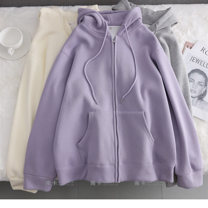 浅紫色加绒加厚拉链开衫卫衣女2021年新款秋冬季韩系宽松保暖外套