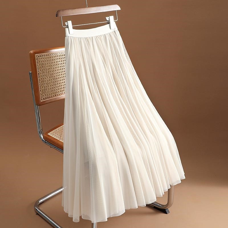 网纱半身裙女2024秋冬新款高腰垂感仙女百褶裙中长款A字大摆伞裙