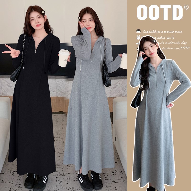 孕妇装秋装时尚简约连帽长袖连衣裙秋季韩版裙子春秋长裙孕妇裙秋