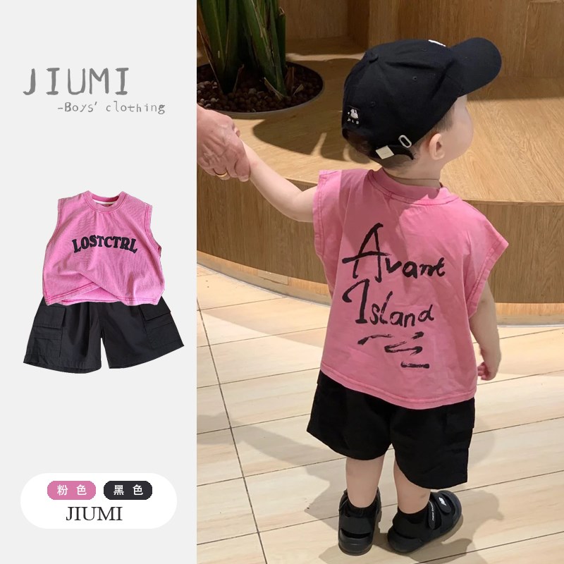 儿童韩版宽松坎肩T恤上衣男童背心工装短裤五分裤套装2男宝宝夏装