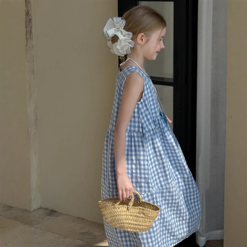 现货童裙女童2025春夏格子连衣裙双排扣格纹马甲裙宽松背心长裙子