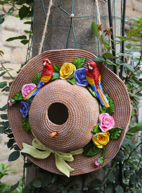 花园摆件 庭院装饰 田园户外创意园艺装饰树脂草帽鸟窝装饰挂件