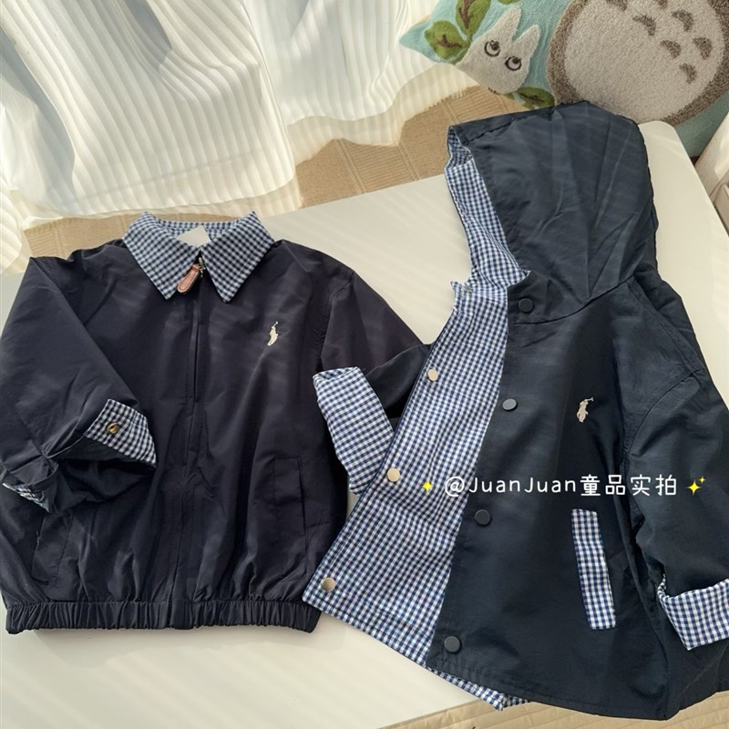日系RL刺绣冲锋衣 男女童春秋款开衫上衣风衣宝宝纯色外套格子