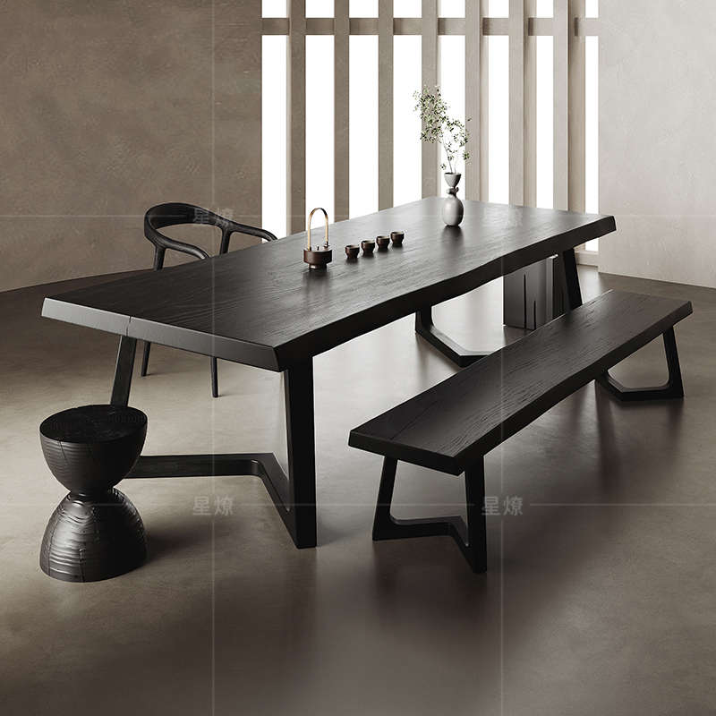 会议桌黑桌茶桌实木桌子原木茶接待长桌书桌办公台碳化大板洽谈