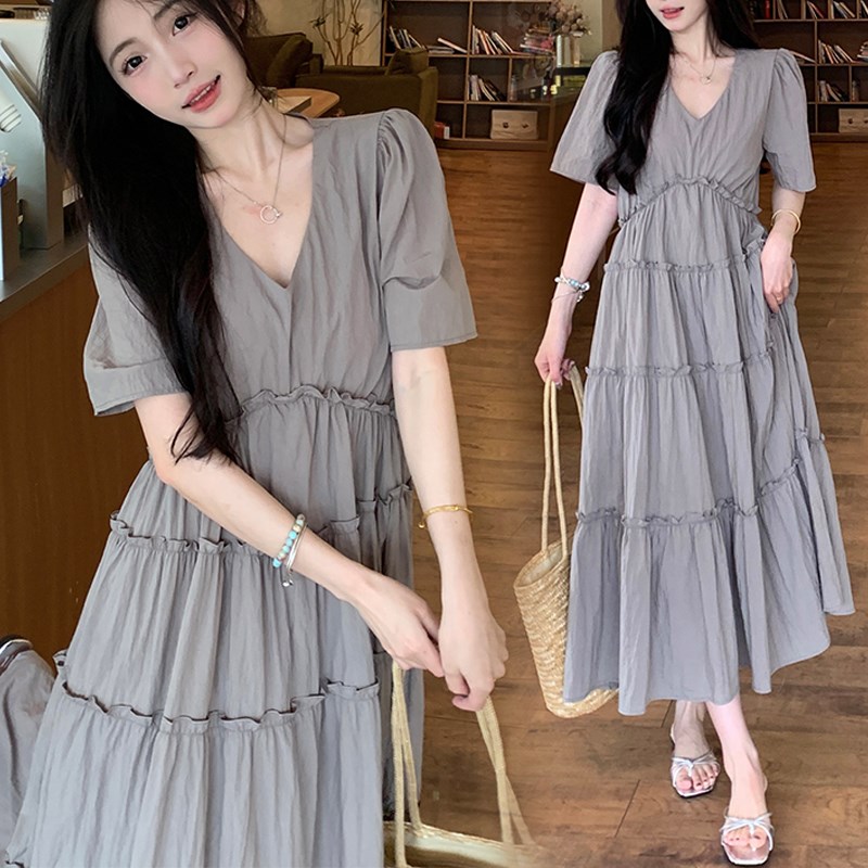 韩系温柔风V领T恤连衣裙女夏气质百搭宽松遮肉显瘦加长款过膝长裙