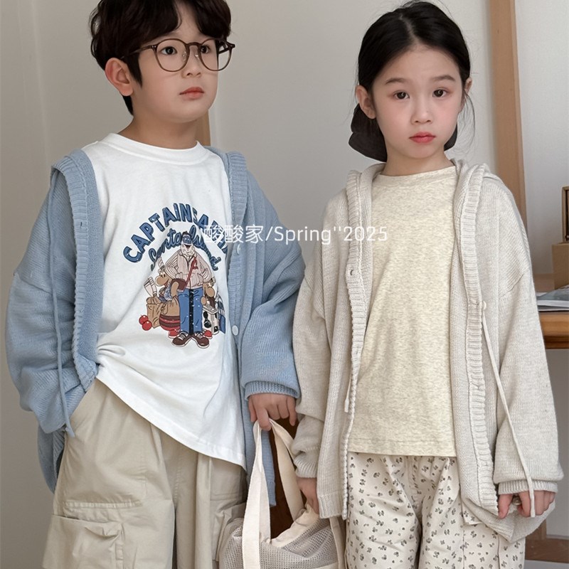 男女童韩版纯色针织开衫春季新品儿童休闲宽松连帽毛线外套上衣