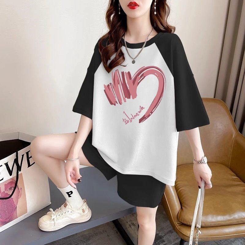 大码女装宽松纯棉休闲运动撞色套装女夏季新款洋气短袖短裤两件套