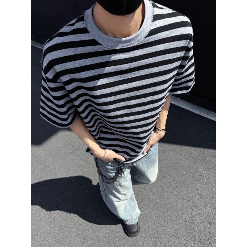 条纹撞色270g纯棉重磅短袖t恤男夏季美式街头潮牌宽松五分半中袖