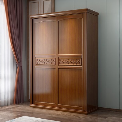 新中式全实木卧室挂衣推拉门衣橱梳妆台简约现代床带镜子大衣柜子