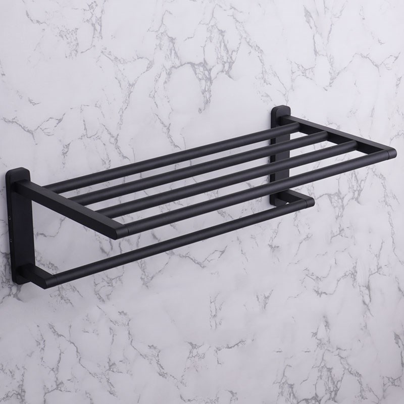 全铜浴巾架黑色高端毛巾架浴室卫浴卫生间轻奢挂壁式免打孔置物架