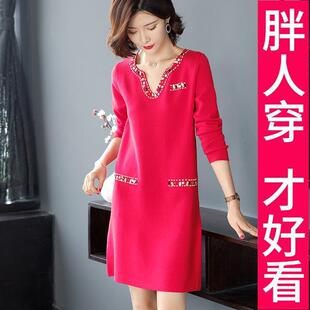 个性新款工艺宽松连衣裙粘贴毛衣女v领大码专柜中长款针织衫
