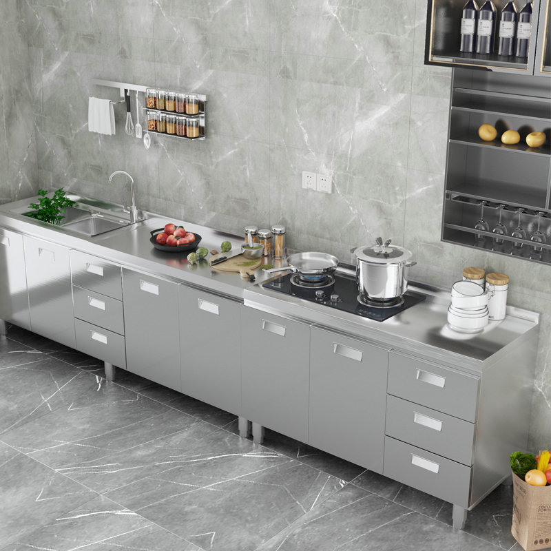 304整体不锈钢厨房橱柜家用灶台一体农村厨房收纳碗柜家用小户型