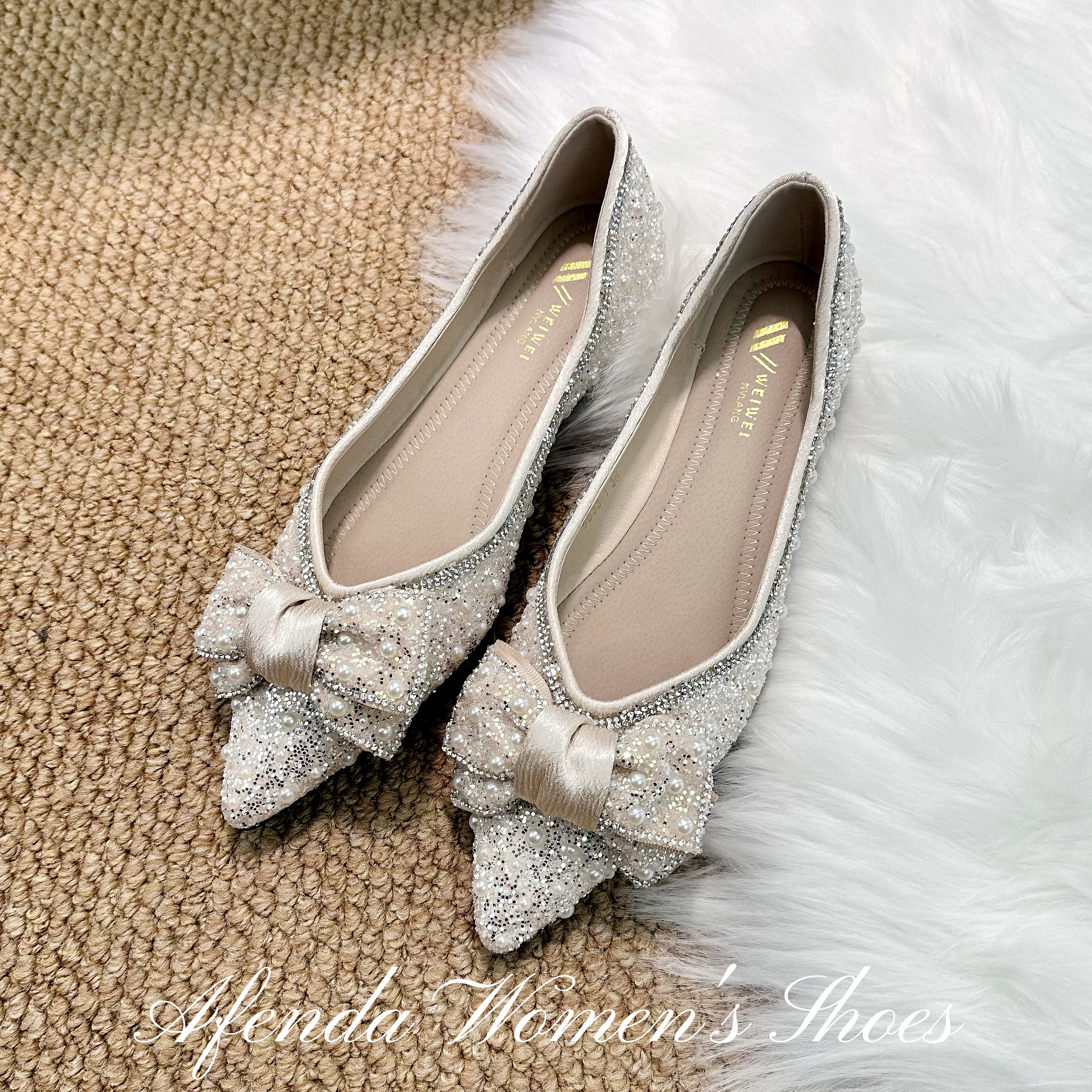 尖头方头水钻蝴蝶结单鞋女 银色婚鞋伴娘鞋 浅口软底平底瓢鞋大码