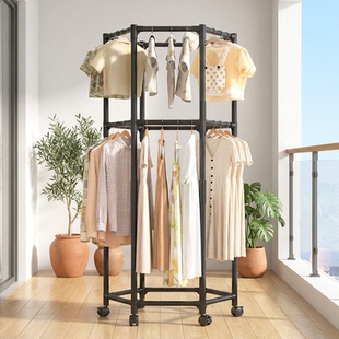 圆形阳台晾衣架落地360度旋转室内家用六边形晒衣服的架子可移动