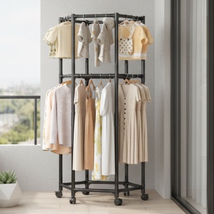 圆形阳台晾衣架落地360度旋转室内家用六边形晒衣服的架子可移动