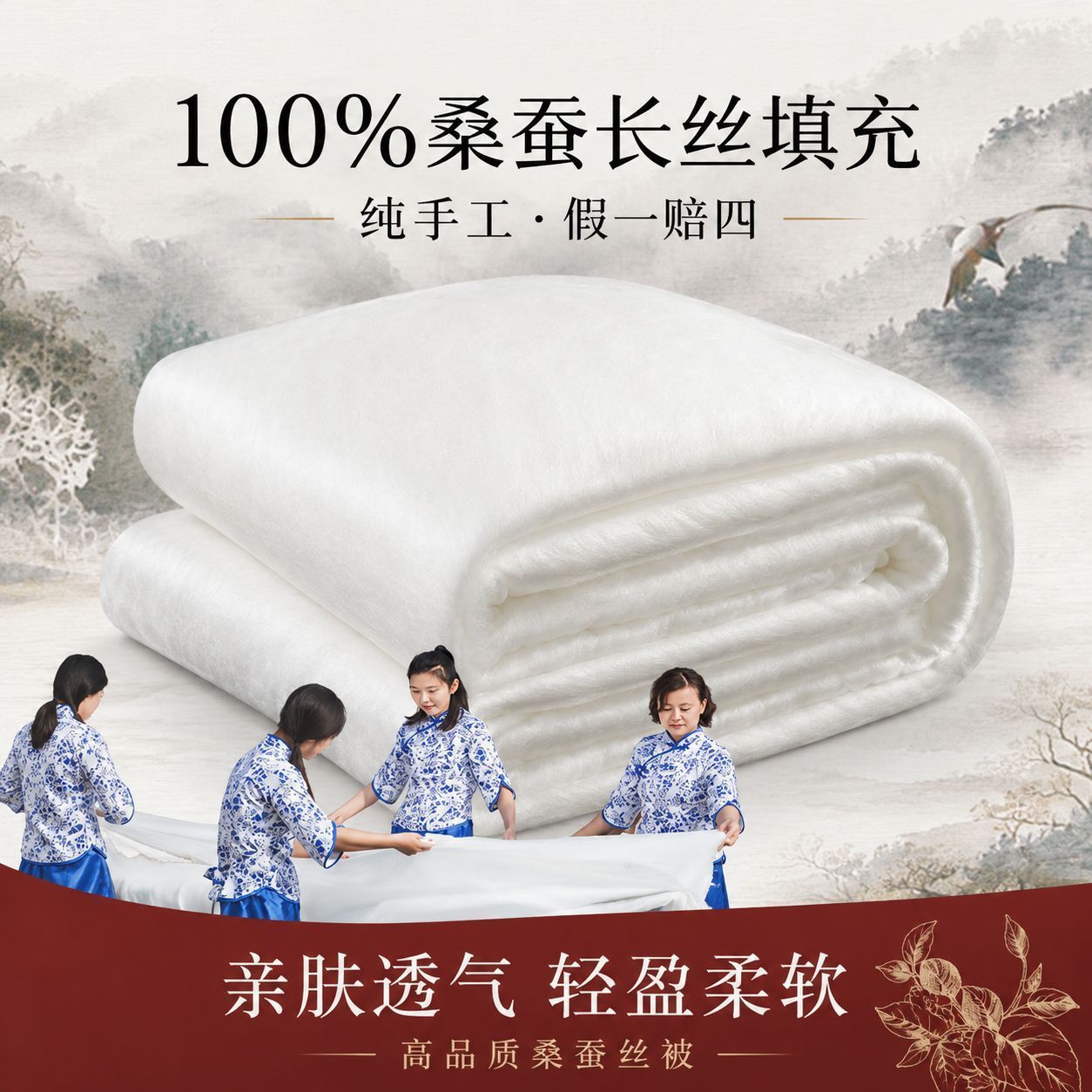 【假一罚十】纯手工双宫茧裸丝胎100%纯天然桑蚕丝长丝字母被芯