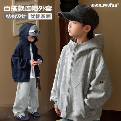 祯有范童装男童外套秋冬2025新款儿童中大童加绒加厚连帽卫衣开衫