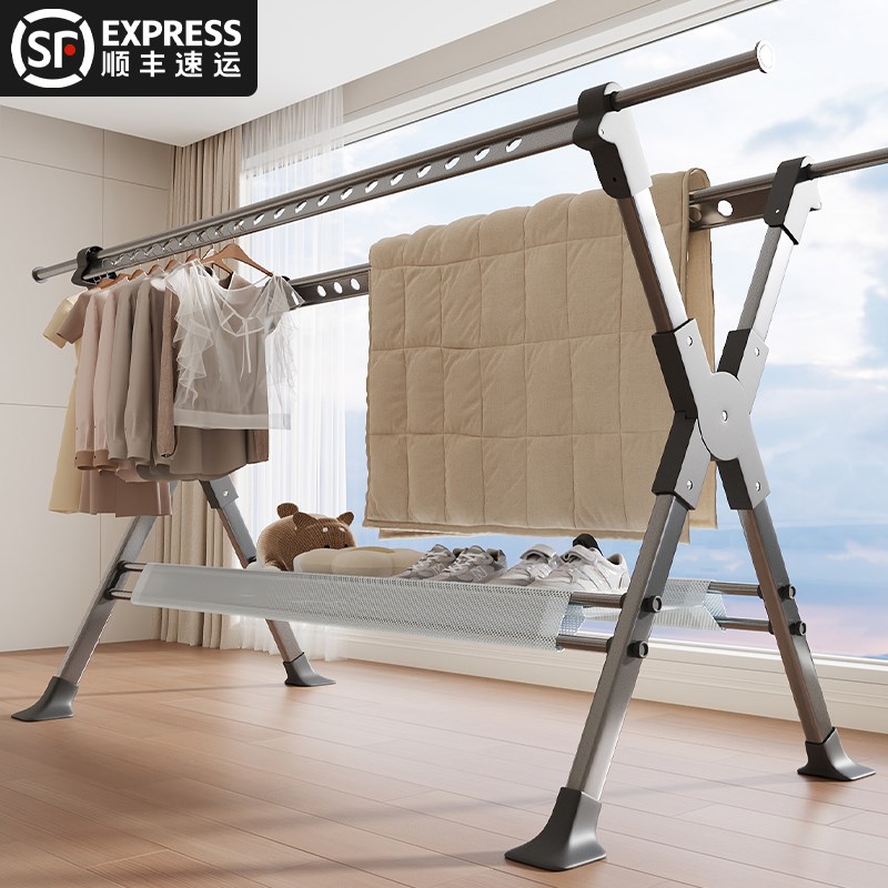 晾衣架落地家用阳台折叠室内晾衣杆伸缩衣架晒被子神器室外晒衣架