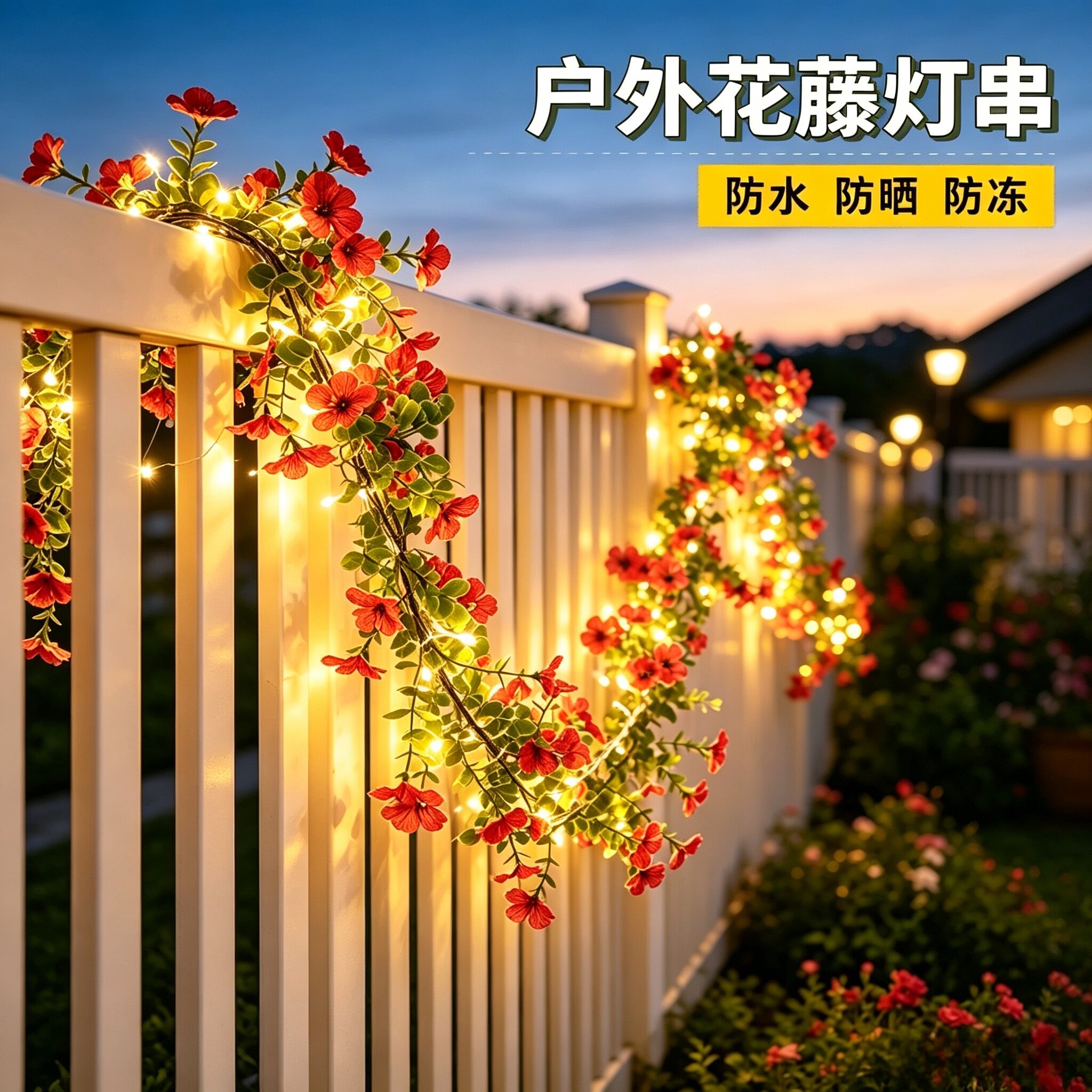 户外庭院防水高亮仿真玫瑰花藤串太阳能花藤灯阳台花园装饰氛围灯