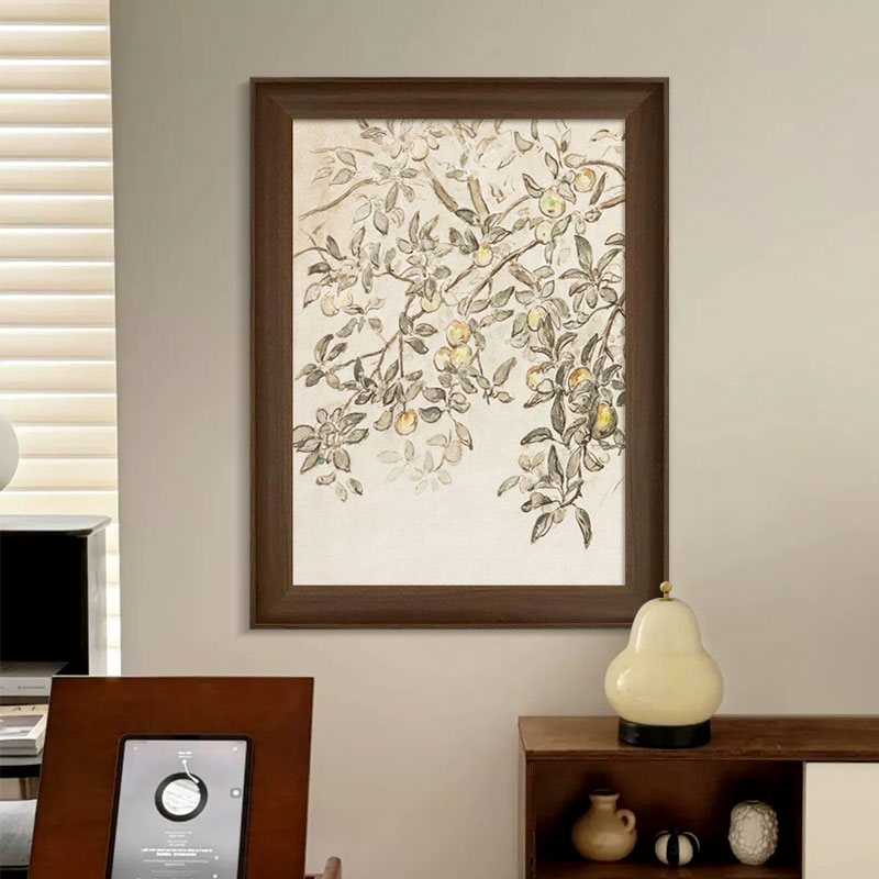 法式中古风客厅装饰画复古高级餐厅卧室挂画实木框玄关壁画苹果树图片