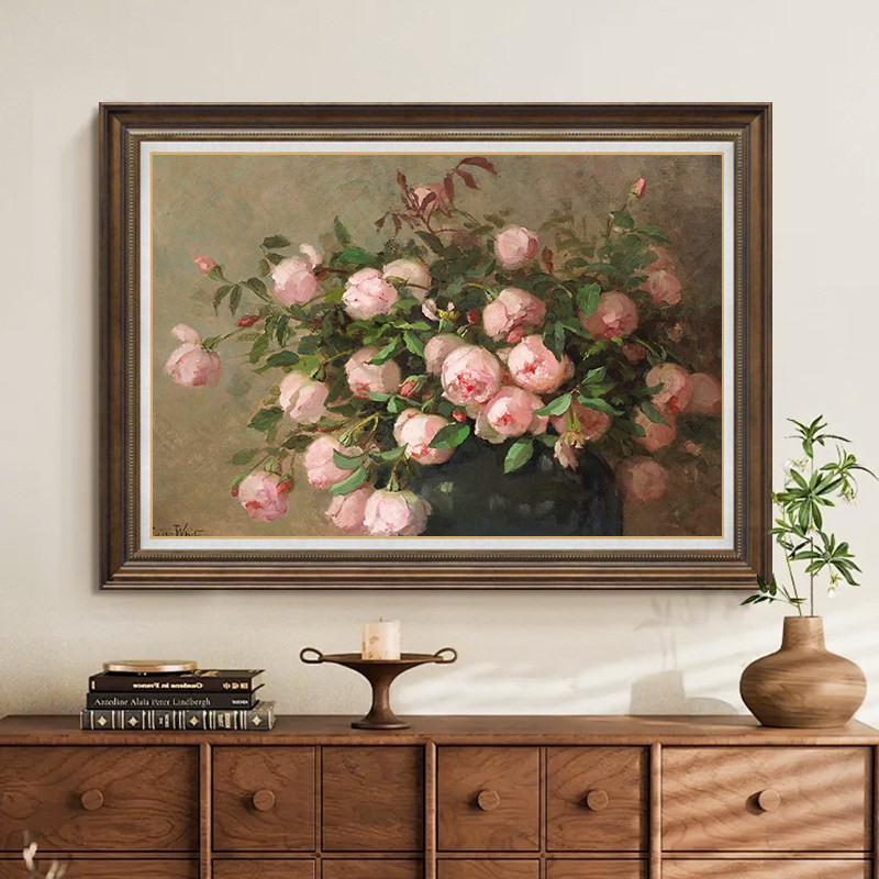 牡丹花卉欧式客厅装饰画壁画餐厅玄关挂画横版美式走廊餐厅油画