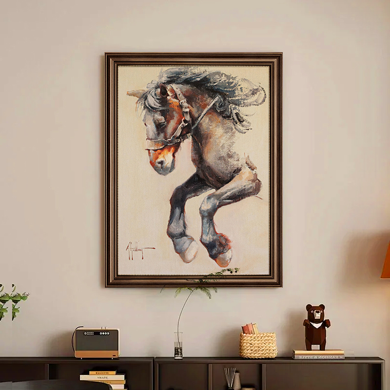 骏马图法式玄关装饰画美式客厅复古肌理油画走廊过道壁画动物挂画图片