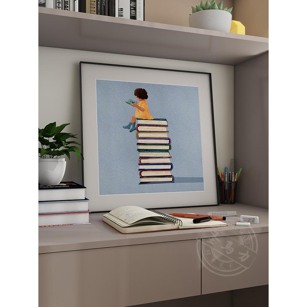 爱读书的孩子儿童房书房装饰画小众艺术卧室壁画趣味可爱卡通挂画